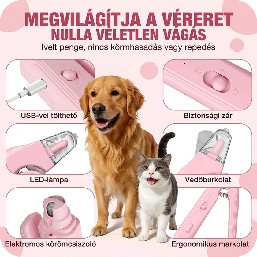 Bean Center Körömcsiszoló + Körömvágó 2az1ben — Kutyáknak és Macskáknak (LED, USB)