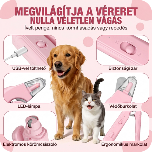 Bean Center Körömcsiszoló + Körömvágó 2az1ben — Kutyáknak és Macskáknak (LED, USB)